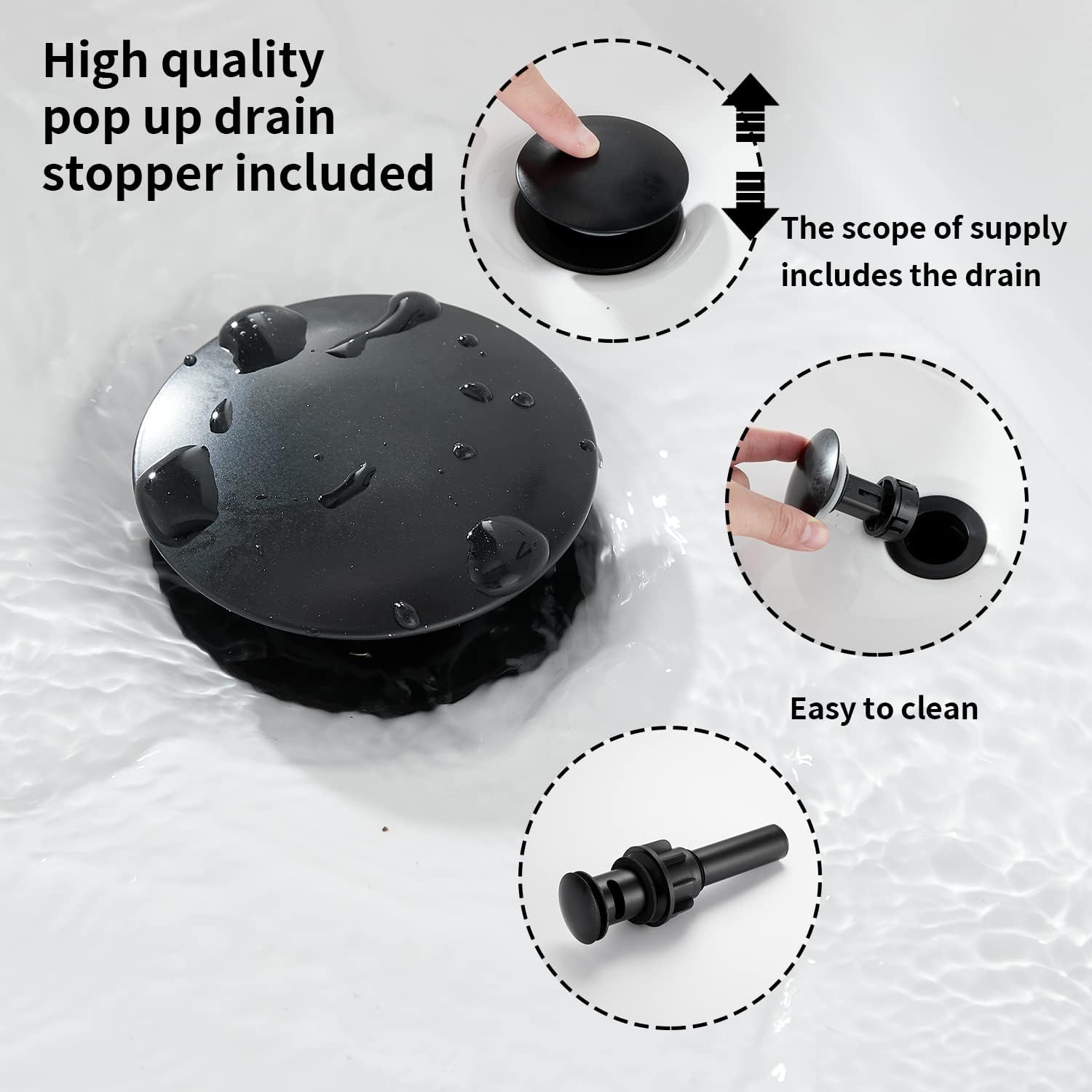 GGStudy – Grifo de baño negro mate con 2 asas de 4 pulgadas, juego central negro para autocaravana, con montaje de drenaje y manguera de suministro,