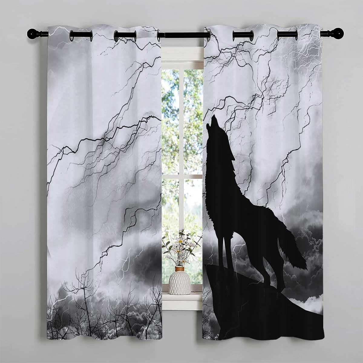 YANFENQI Short Curtains Blackout Black Wolf Silhouette Doorway Curtains Cortinas para Ventanas De Cuarto 55Inch Width by 72Inch Length,2 Panels