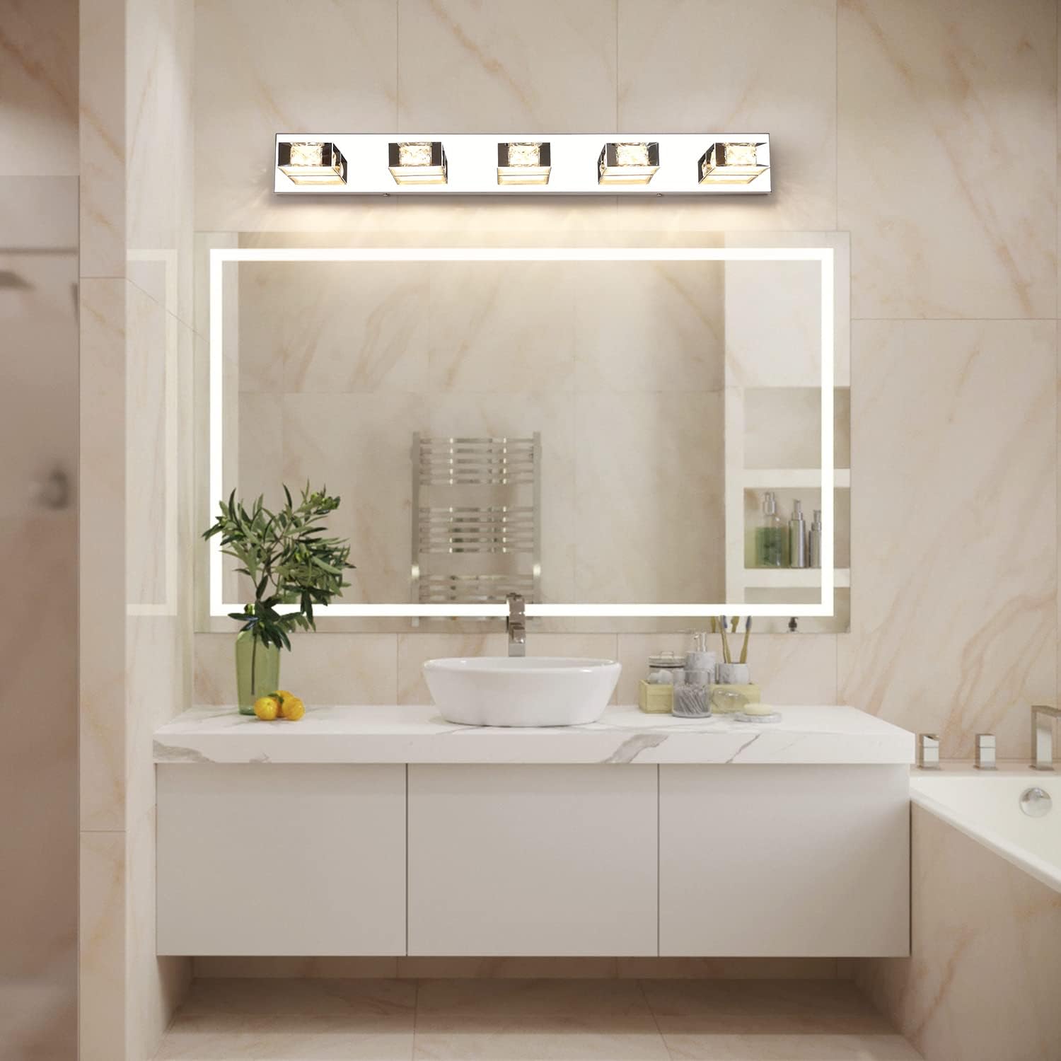 Joossnwell Lámpara de tocador de baño regulable, 5 luces, moderna iluminación LED de cristal para baño, lámpara de pared sobre espejo, 35.4 pulgadas