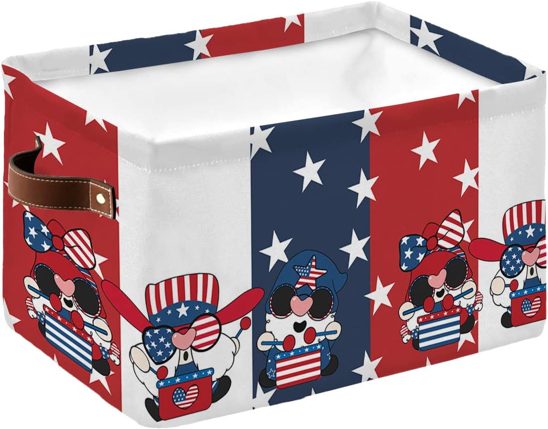 Cesta de almacenamiento para organizar estantes, cajas plegables con asa, gnomos del día de la independencia, estrella, rojo, blanco, azul, rayas,