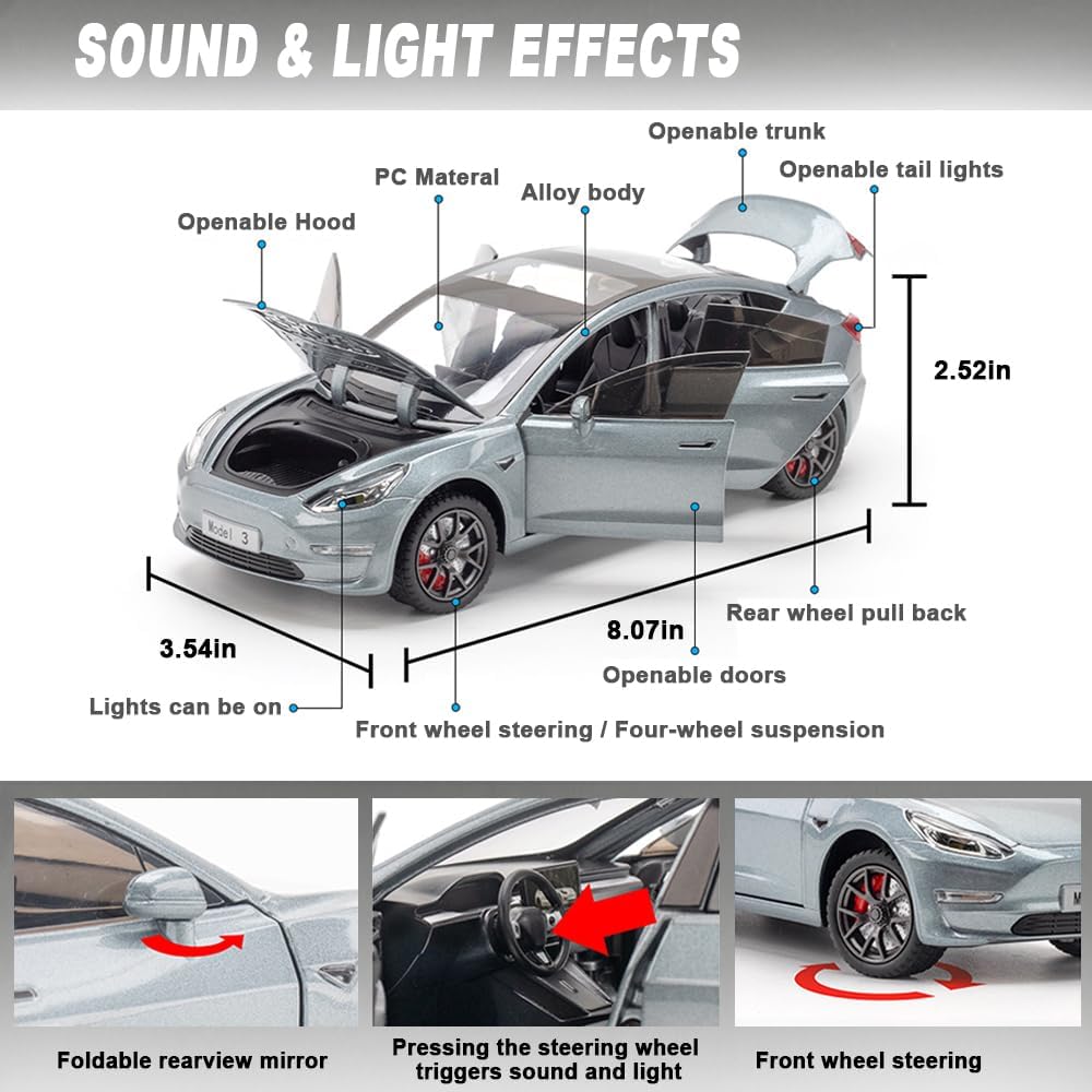 Coches de juguete a escala 124 compatibles con el modelo 3, autos de metal fundido a presión con luzsonido, juguetes de auto para niños y niñas de 3