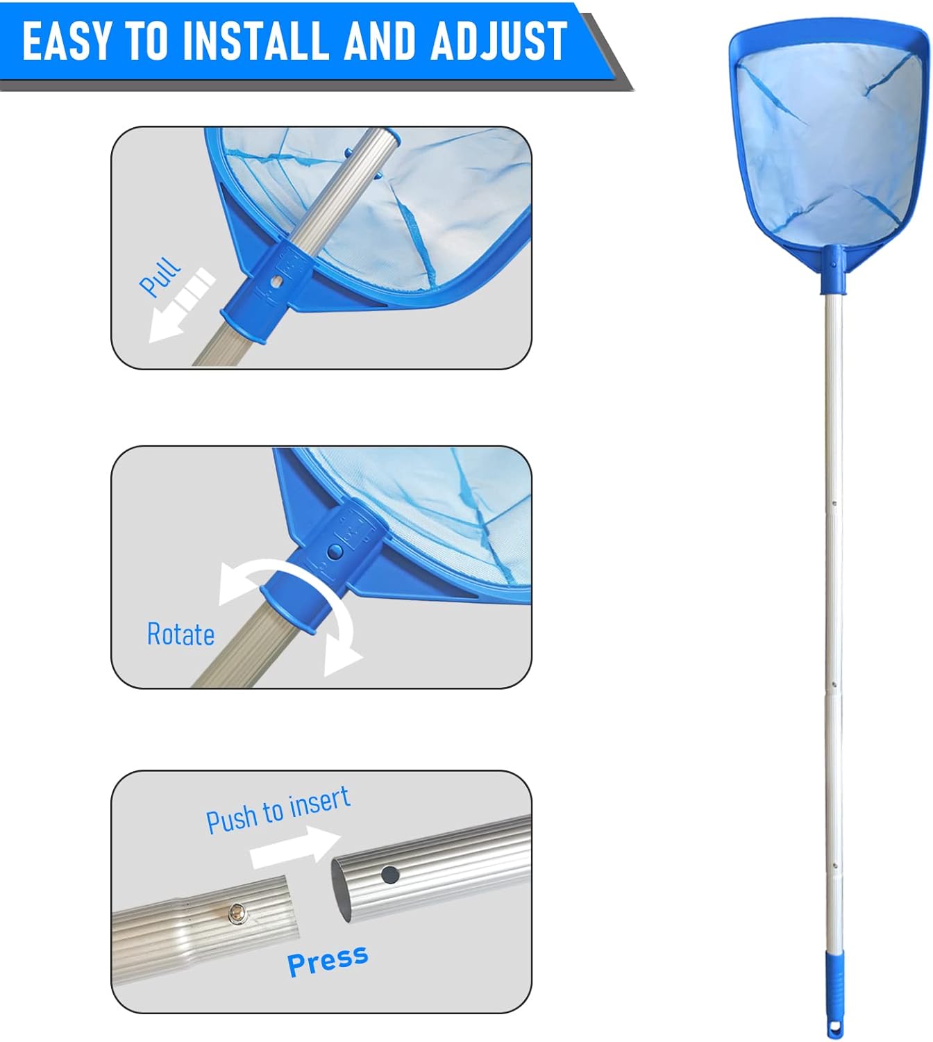 Red de desnatador de hojas para piscina, con 5 secciones telescópica de aluminio y malla fina de nailon, herramienta de limpieza de piscina para