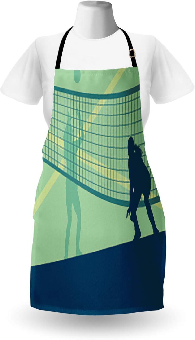 Ambesonne Volleyball Apron, Scenery of 2 Females Competing in a Sports Field Healthy Sports, Unisex Kitchen Bib with Adjustable Neck for Cooking