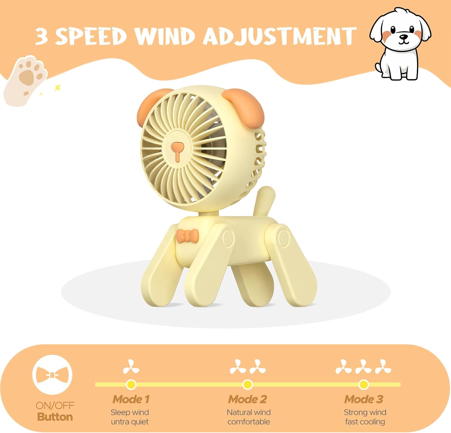 QearFun Ventilador de escritorio pequeño de 7 pulgadas, batería recargable USB, lindo ventilador plegable para cachorros, ventilador personal con 3