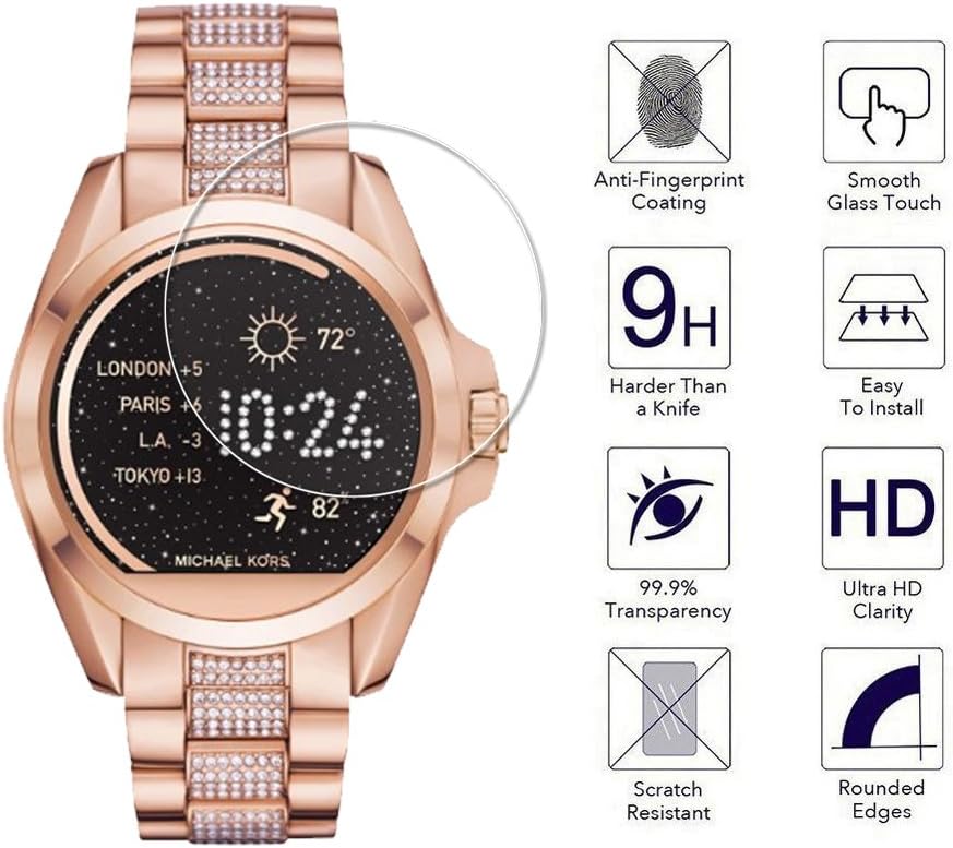 Orzero Paquete de 3 protectores de pantalla de vidrio templado compatibles con Michael Kors Bradshaw (versión mejorada, bordes de arco 2.5D, 9