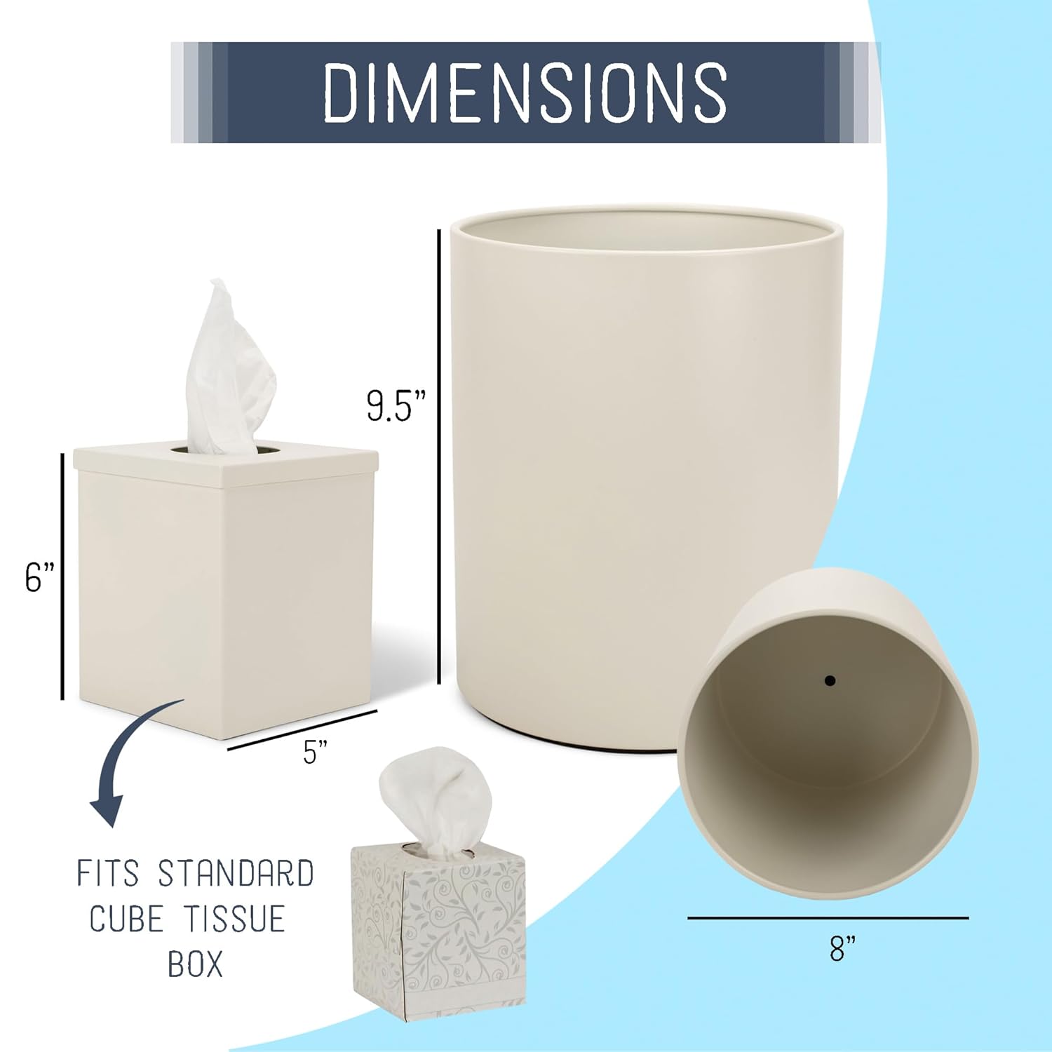 Cubo de basura redondo para baño, papelera y cubo de pañuelos, organizador de accesorios a juego, juego de 2, color blanco