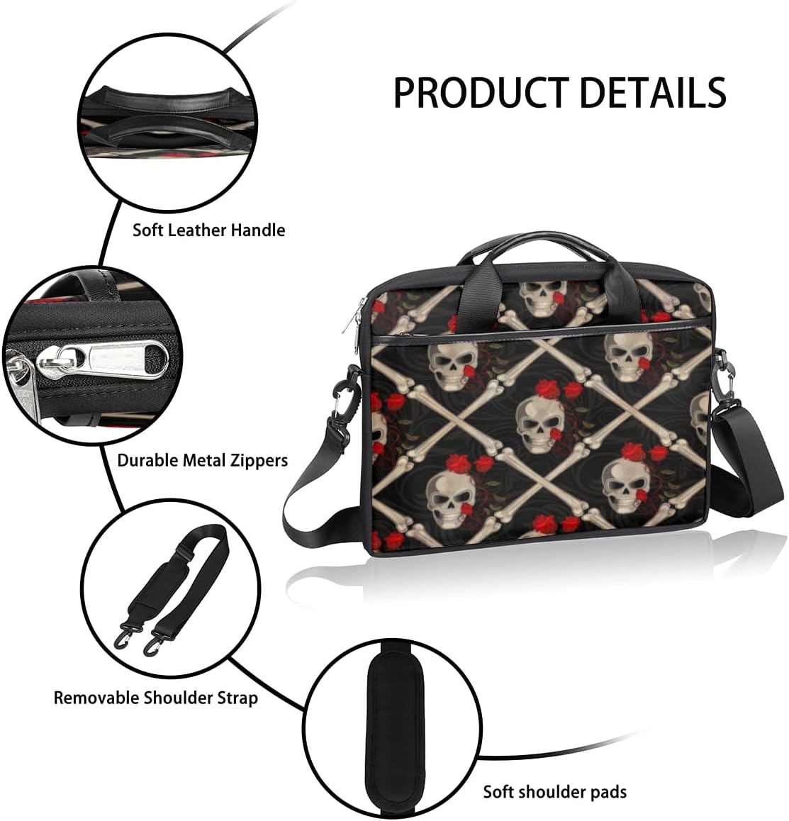 Bolsa para laptop con diseño de calavera y rosa negra para mujeres y hombres, funda impermeable para laptop con correa para el hombro, maletín de
