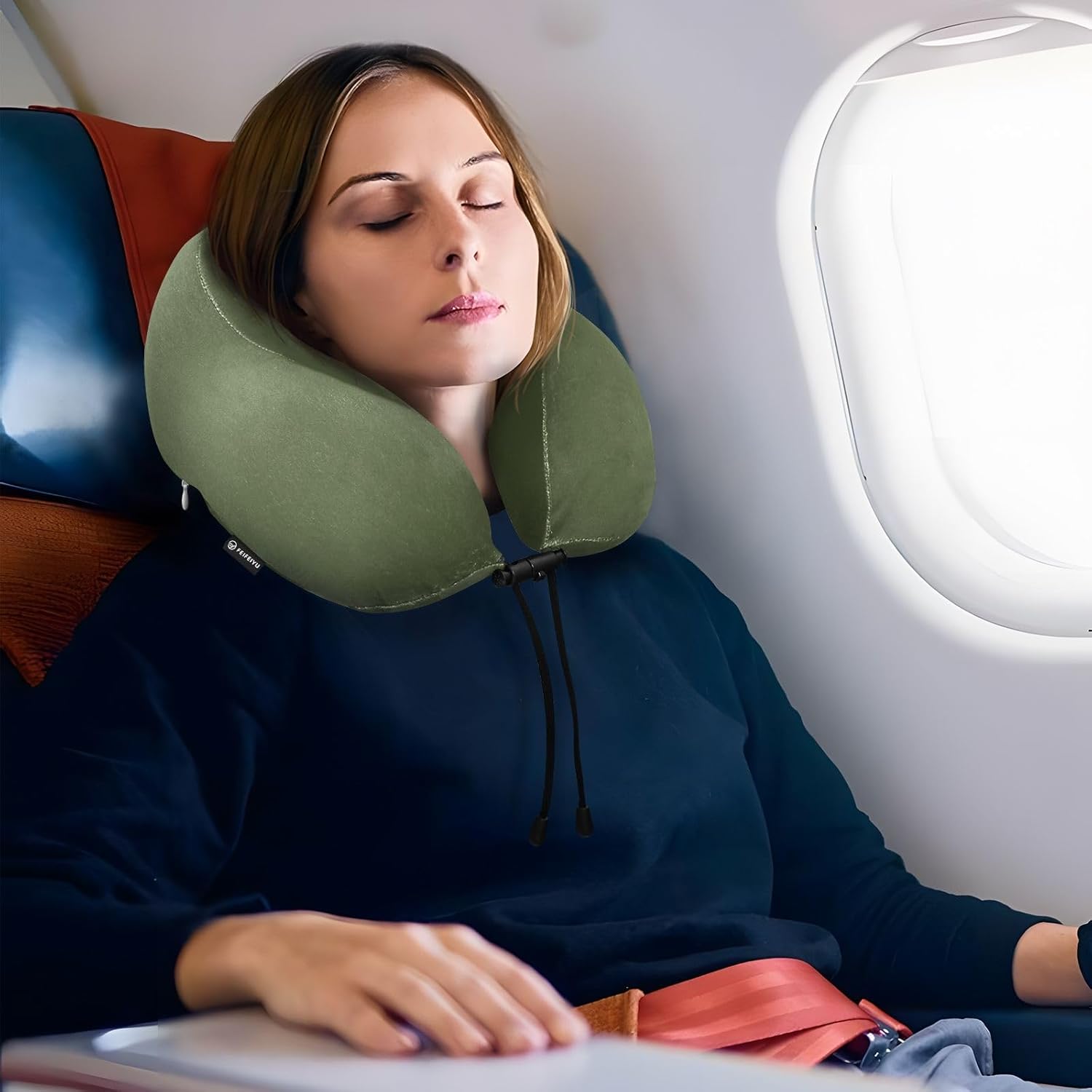 Almohada verde militar del cuello de la espuma de la memoria, con el bolso del almacenamiento del cordón, almohada para el avión