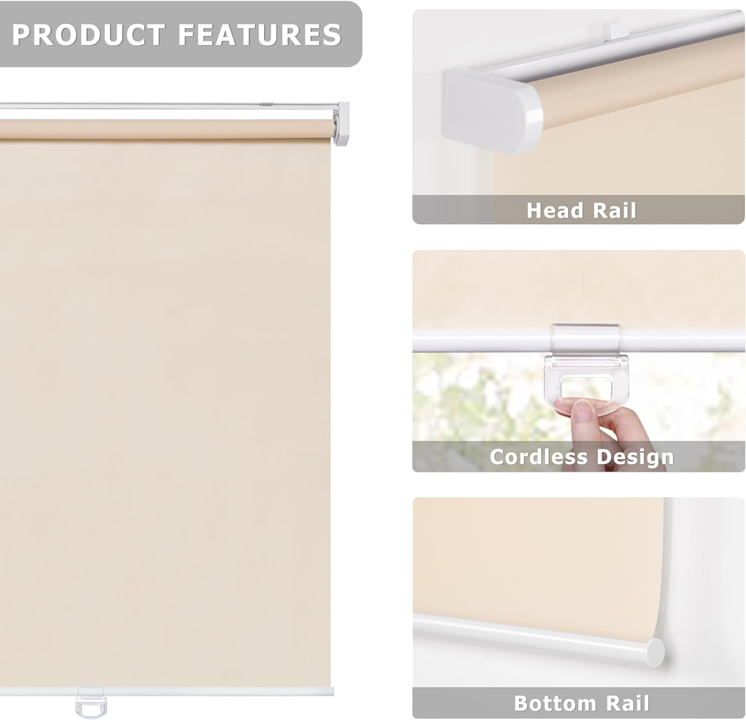 Persianas enrollables sin cordones, sin herramientas, sin cordones, filtrado de luz, con aislamiento térmico, protección UV, persianas de privacidad