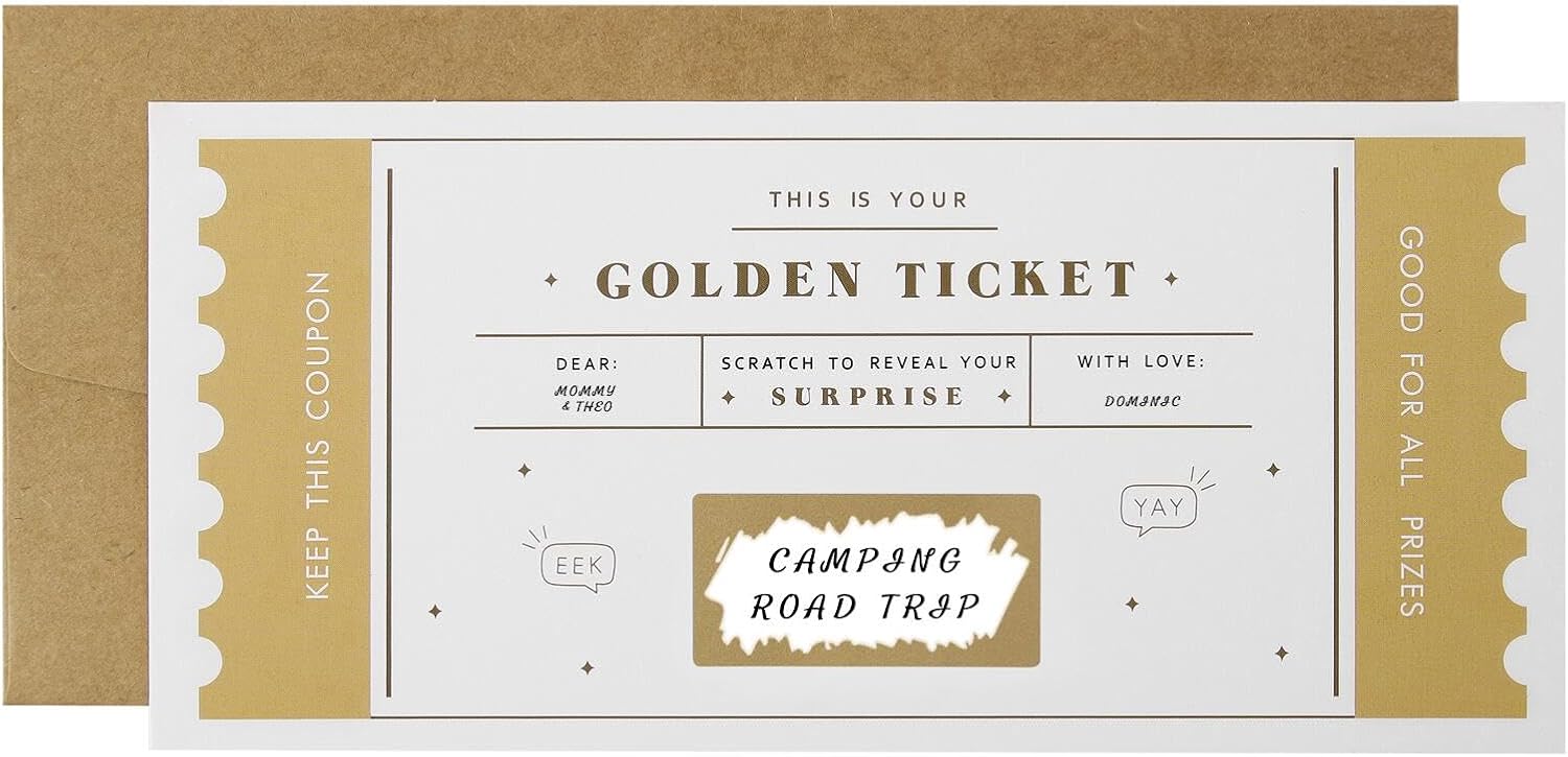 CJ&M The Golden Ticket  Boleto sorpresa para rascar y revelar, boleto dorado, tarjeta rasca, vacaciones sorpresa, revelación de regalos, regalo