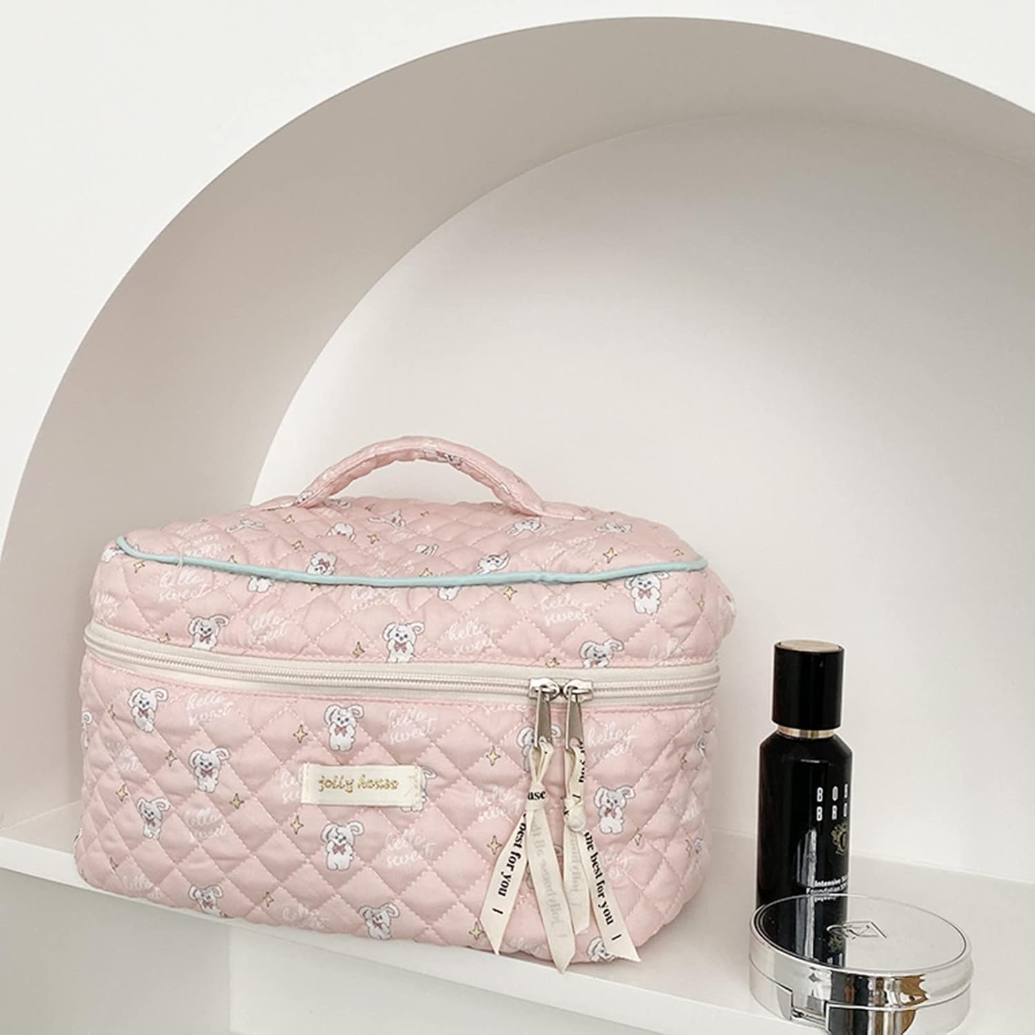 Bolsa de maquillaje floral Kawaii Coquette Bolsa de cosméticos grande organizador de maquillaje de viaje lindo bolsa acolchada de algodón para