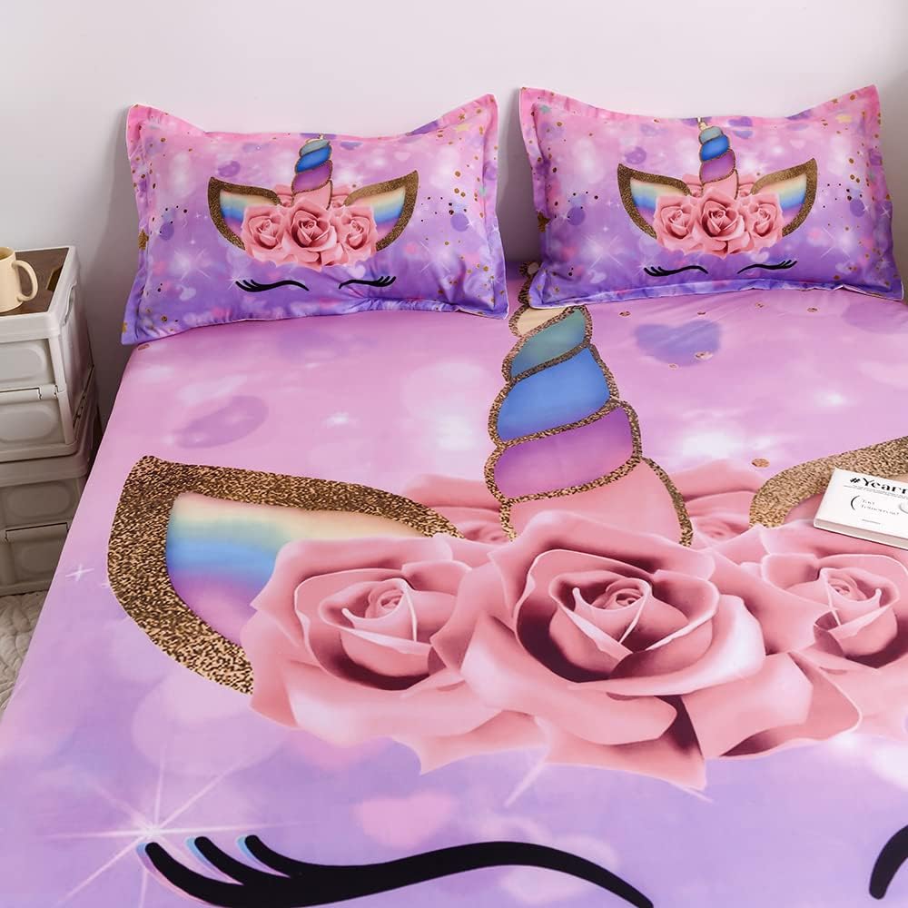 qjmiaofang Juego de sábanas de unicornio tamaño individual, juego de sábanas bajeras de unicornio rosa de 2 piezas para niños y niñas, juego de