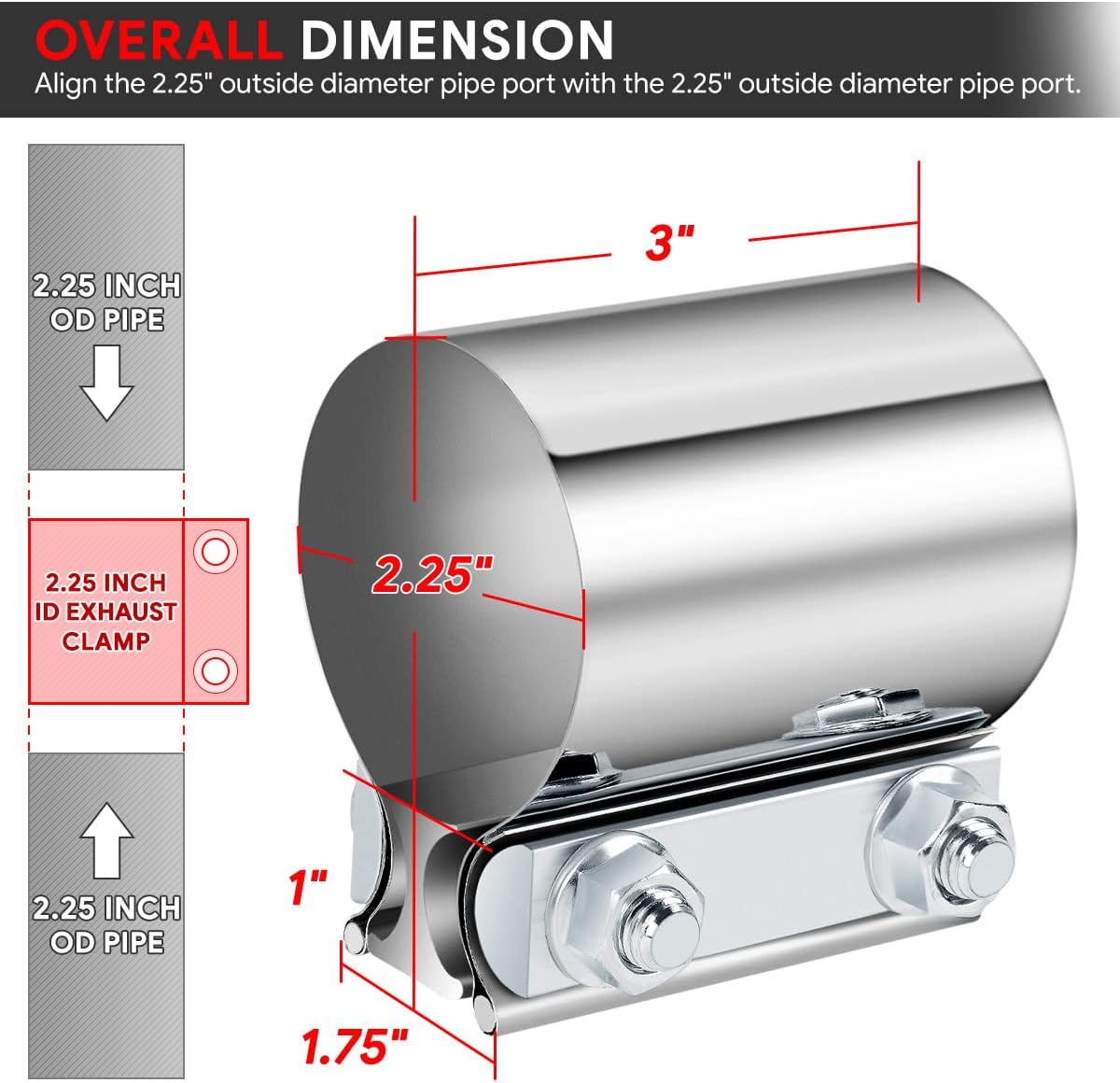 DNA MOTORING EXA-CL-206 – 2 abrazaderas de banda de junta a tope de 2.25 pulgadas para reparación de silenciadores de escape, acero inoxidable 304