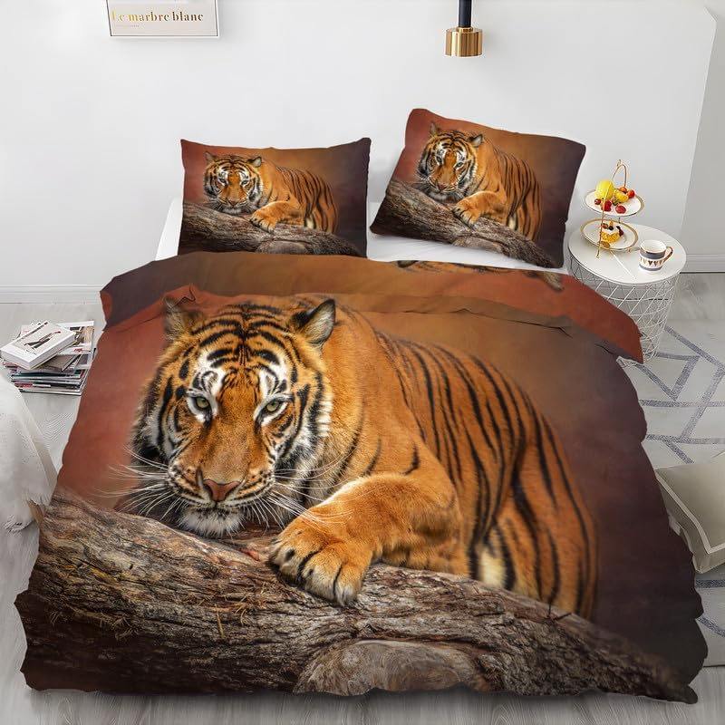 Funda de edredón con estampado de tigre, funda de edredón de microfibra suave y 2 fundas de almohada de 20 x 36 pulgadas, juego de cama con