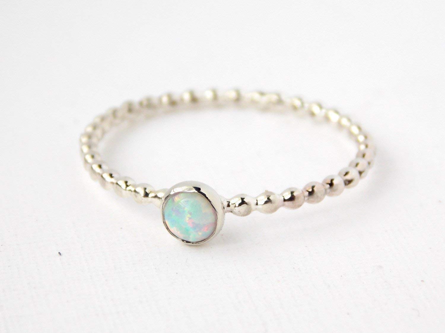 4mm Opal Beaded Cab Ring stackable birthstone ring, sterling silver ring, opal ring, simple ring, dainty ring, dotted ring, October birthstone