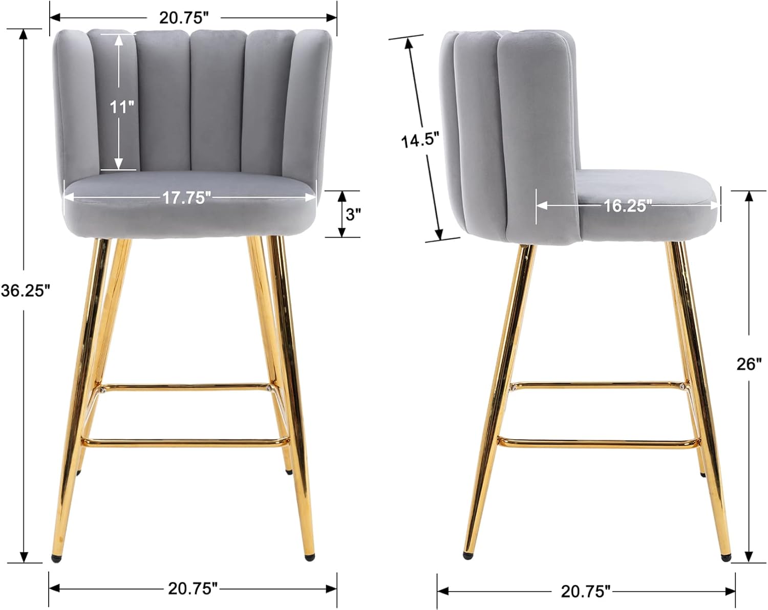 Kmax Juego de 2 taburetes de bar de 26 pulgadas, modernos taburetes de bar de terciopelo con reposapiés dorado, asiento de pétalos para isla de