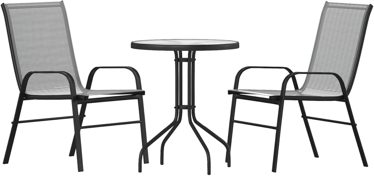 Flash Furniture 2 sillas apilables Flex Comfort, mesa redonda de vidrio templado de 23.75 pulgadas, color gris