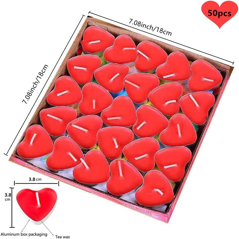 50 velas en forma de corazón, velas rojas sin humo para decoración de cumpleaños, propuestas, bodas, fiestas, día de San Valentín y velas de té de