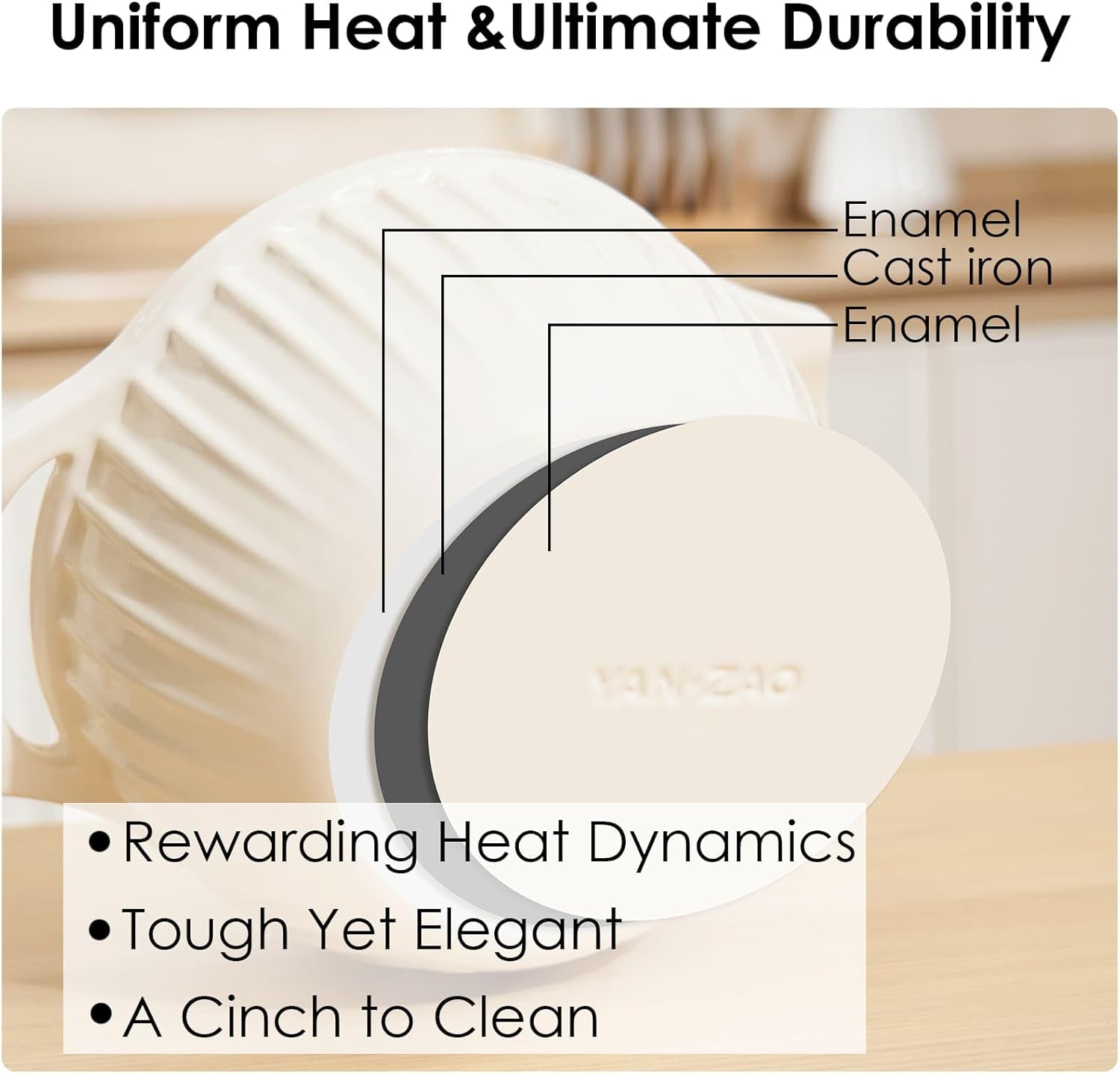 Yanzao Olla de horno holandés de hierro fundido esmaltado con tapa y asa, 4.75 cuartos de galón, interior de cerámica, antiadherente, olla grande de