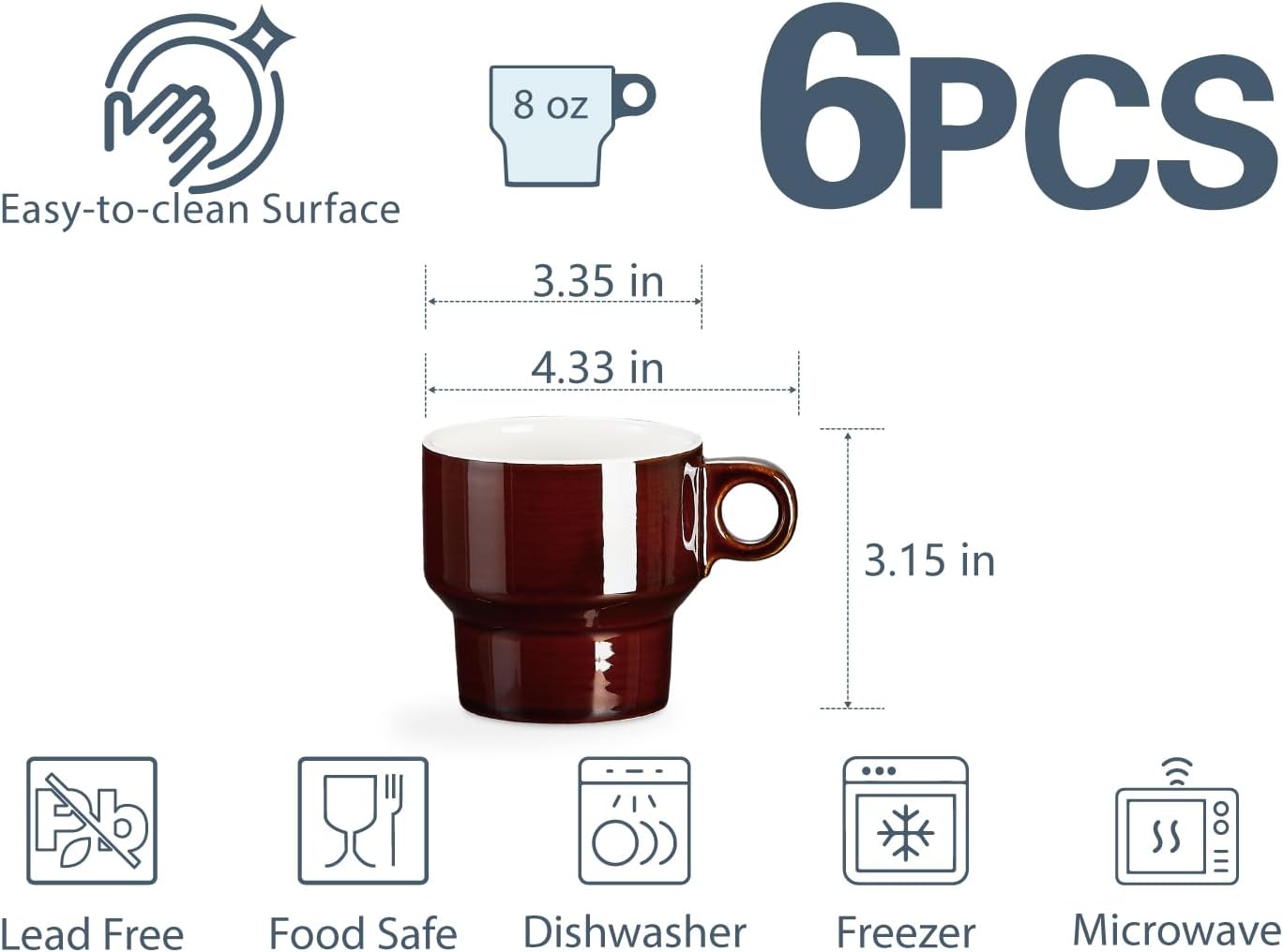 ONEMORE Juego de 6 tazas de café apilables de 8 onzas, tazas demitasse apilables de cerámica con asa, perfectas para café, espresso, té, latte,