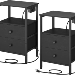 YATINEY Juego de 2 mesitas de noche, mesita de noche con estación de carga y puertos USB, mesitas de noche con 2 cajones no tejidos, mesas YATINEY Juego de 2 mesitas de noche, mesita de noche con estación de carga y puertos USB, mesitas de noche con 2 cajones no tejidos, mesas