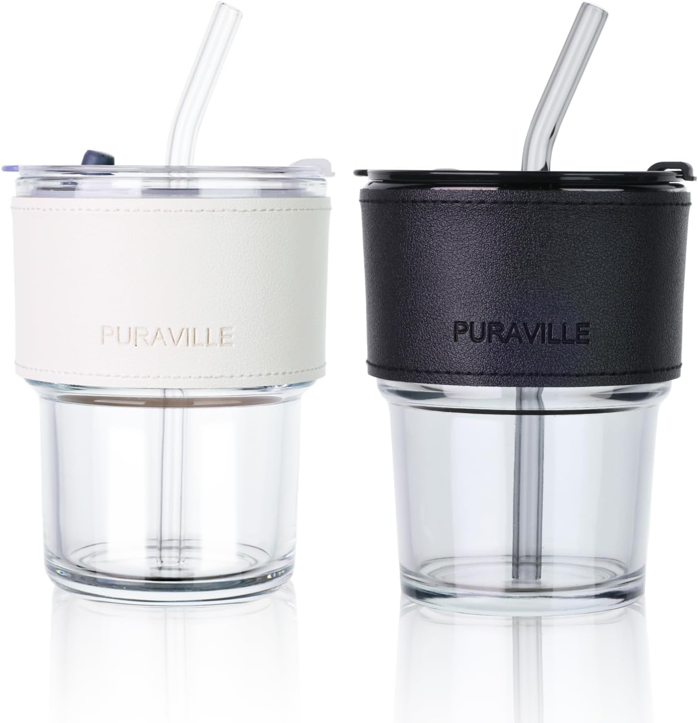 Puraville Paquete de 2 tazas de café helado de 14 onzas  14.2 fl oz con tapas y pajitas, vasos de vidrio de 14 onzas  14.2 fl oz, taza de café de