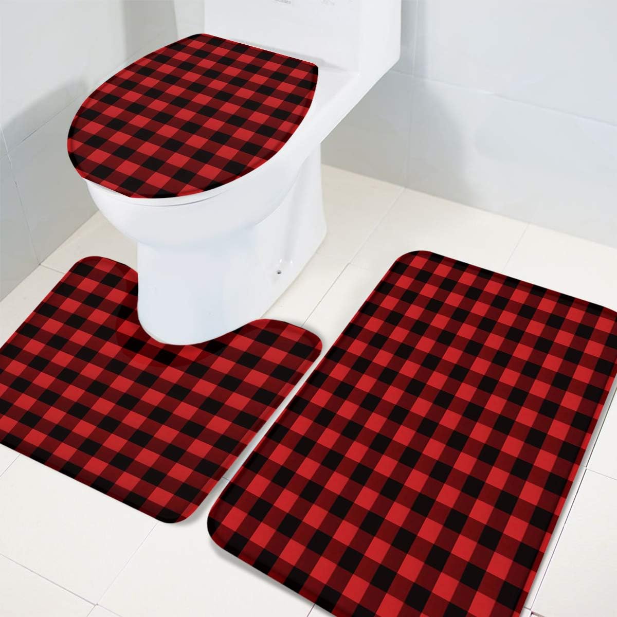Juego de 3 alfombras y tapetes de baño de Navidad, antideslizantes, absorbentes de agua, funda para asiento de inodoro, tapete de inodoro en forma
