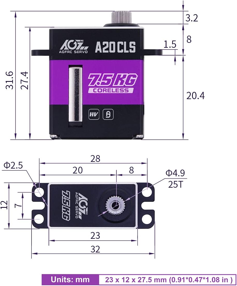 AGFRC Micro RC-SCX24-Servo de 16.5 lbs de alto par – Servo digital CNC delgado sin núcleo SCX24 Dirección Servo de excavación programable con