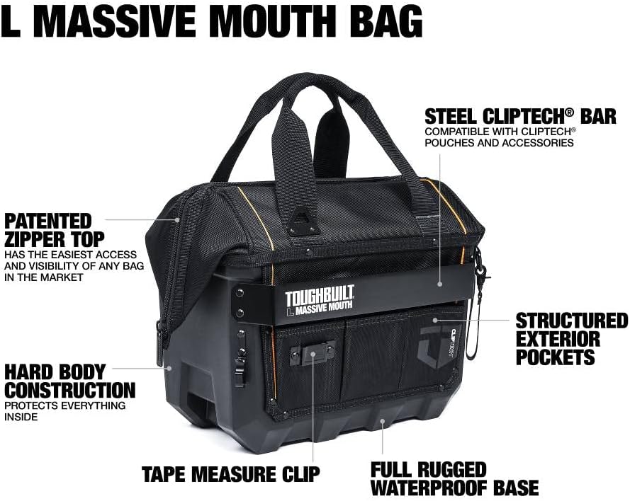 ToughBuilt – Bolsa de herramientas grande de boca masiva de 16 pulgadas – Construcción de calidad profesional (TB-CT-62-16A)