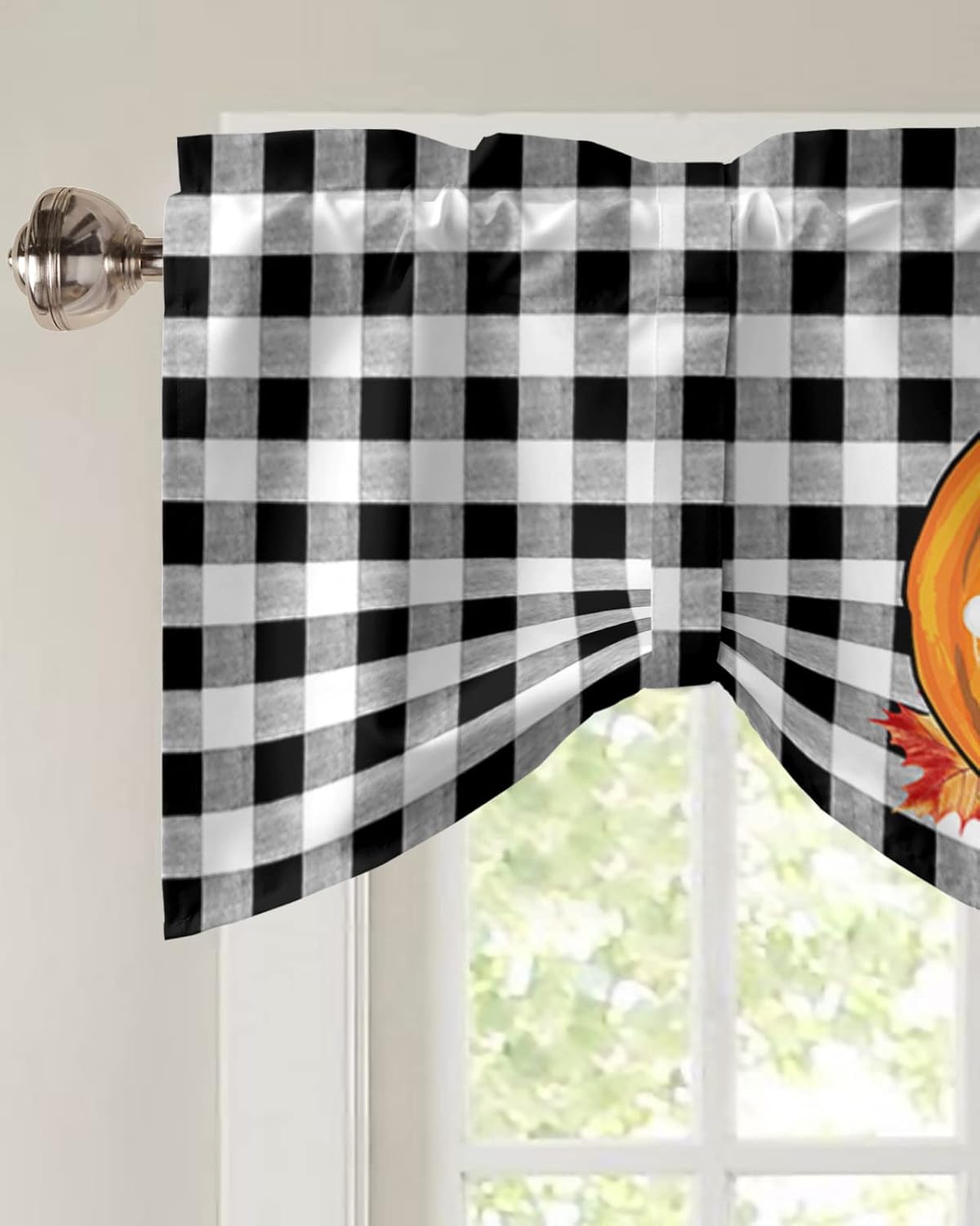 Cortina de cenefa de amarre de 42 x 18 pulgadas para ventanas, diseño de calabaza de Acción de Gracias, color negro y blanco, a cuadros, ajustable,