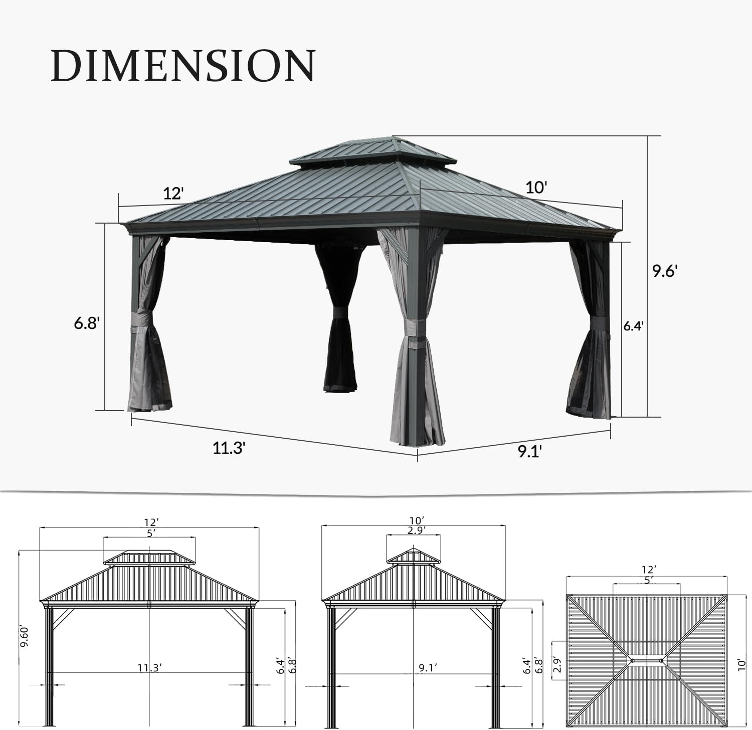 Domi – Cenador de techo rígido de 10 x 12 pies, kiosco de aluminio para exteriores con doble techo de acero galvanizado, cenador permanente con