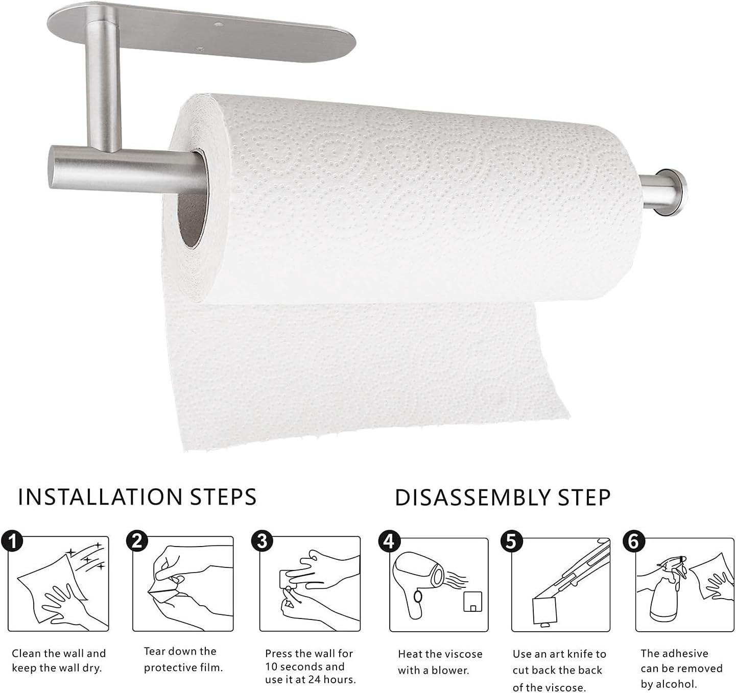 Soportes para toallas de papel, color negro, rollos de toallas de papel, para cocina, toallas de papel a granel, autoadhesivos debajo del gabinete,