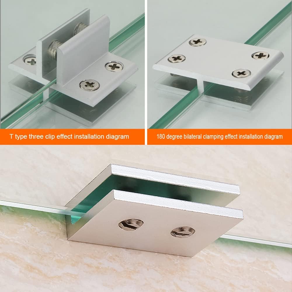 Abrazadera de vidrio, paquete de 2 soportes de estante de vidrio de aleación de aluminio de 180 grados, soporte de vidrio de doble cara para vidrio