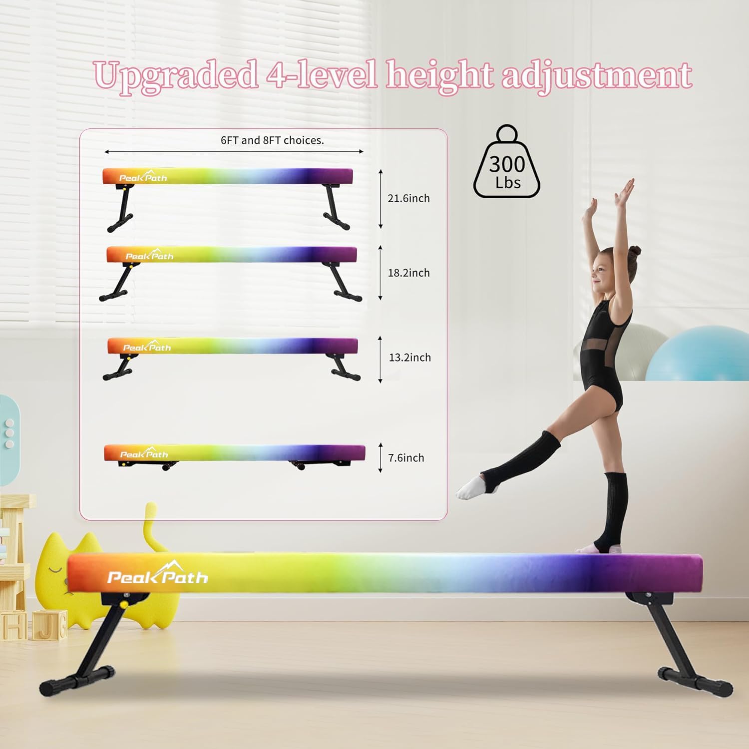 Haz de equilibrio de gimnasia ajustable y plegable de 8 pies, equipo de gimnasio en casa, fácil montaje y almacenamiento, no requiere herramientas,