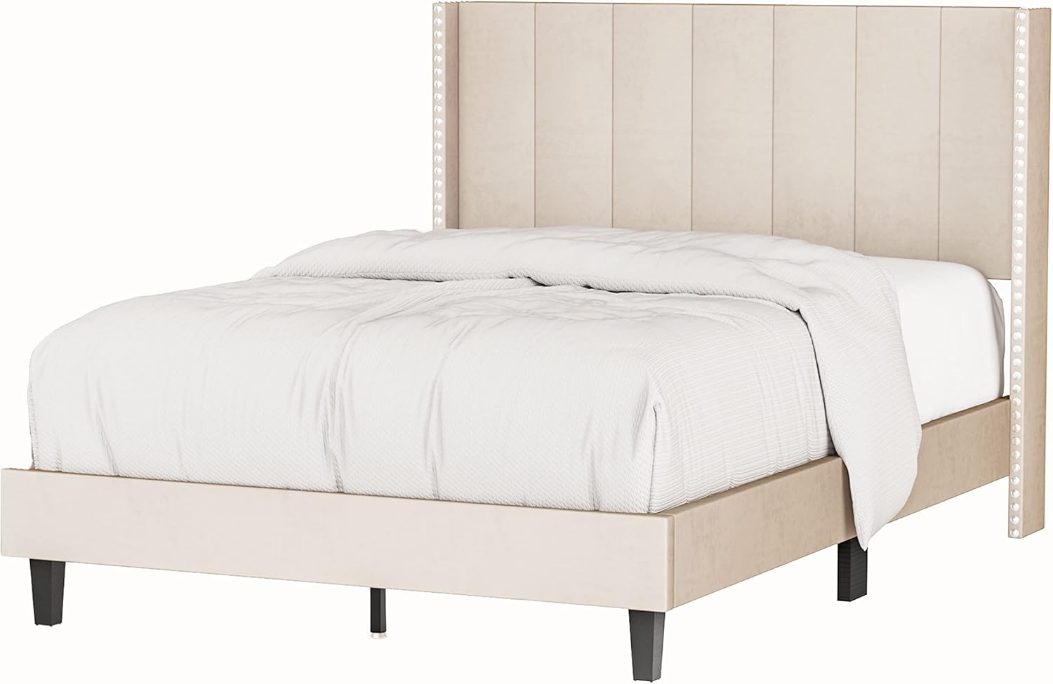 Base de cama de tamaño matrimonial con cabecera capitoné de canal, base de colchón de listones de madera fuertes, antideslizante y sin ruido, marcos