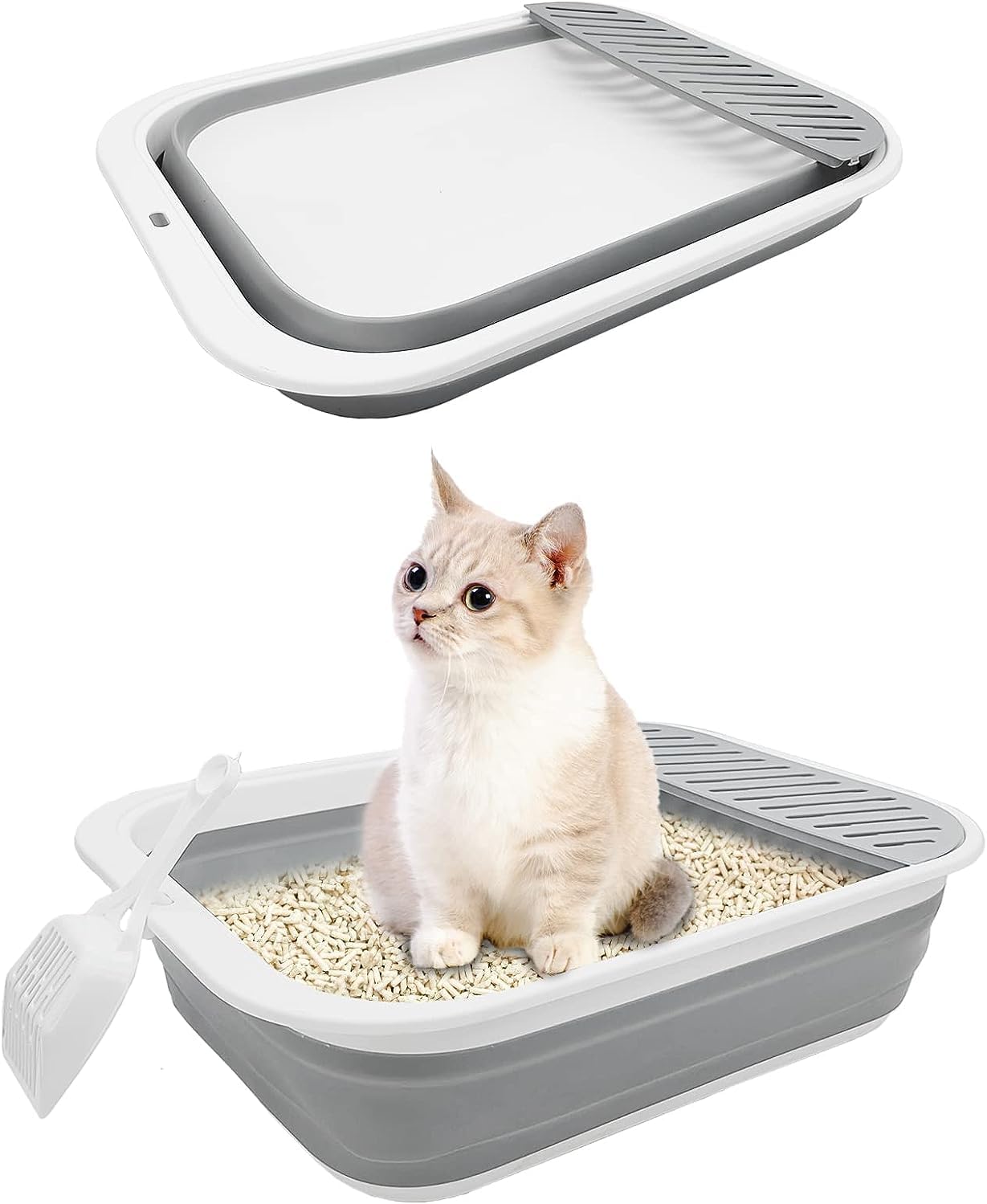 Bandeja de arena para gatos con pala y protector de dispersión, resistente y fácil de limpiar, bandeja de arena para gatos al aire libre con