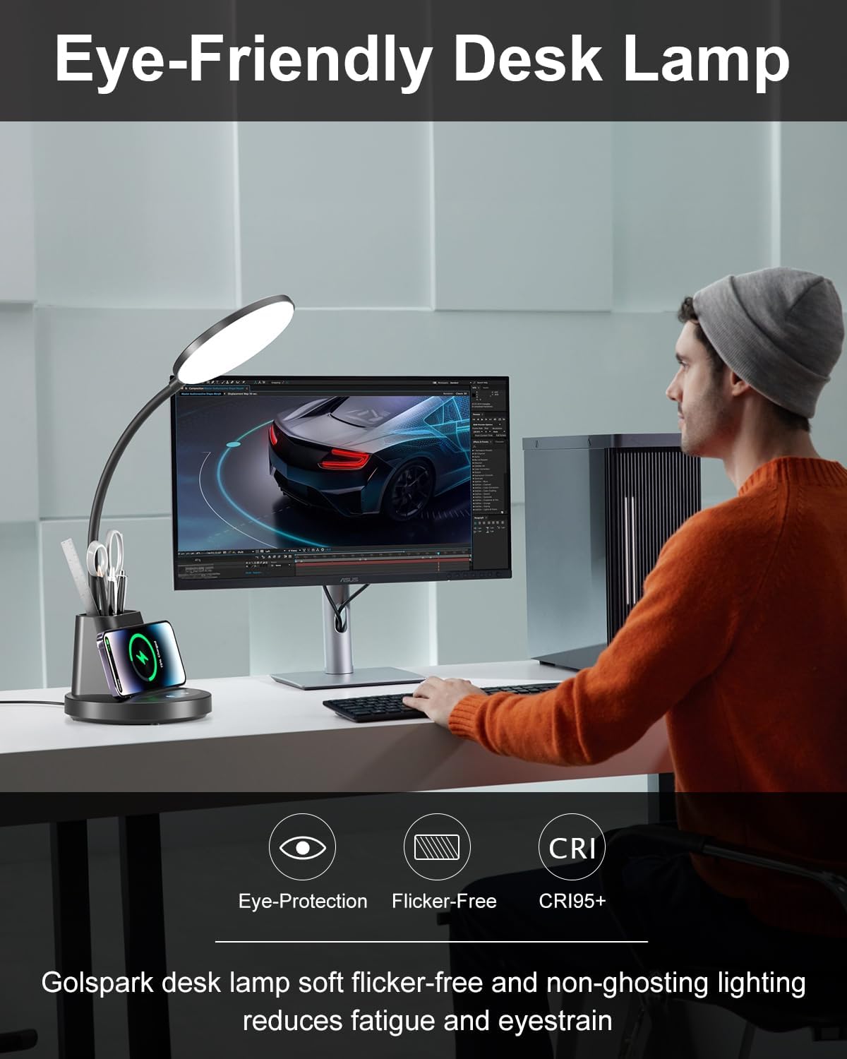 GOLSPARK Lámpara de escritorio con cargador inalámbrico para oficina en casa, lámpara de lectura que cuida los ojos, 3 modos de color, lámpara de