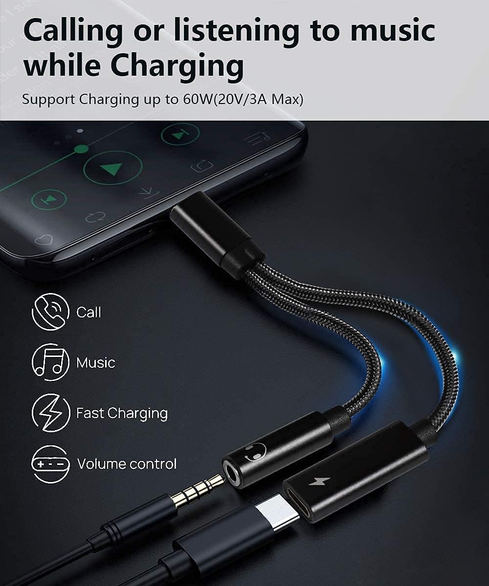 Adaptador para auriculares Samsung Galaxy S24 Ultra, 2 en 1 USB C a conector de auriculares de 0.138 in de alta resolución DAC y PD seguro de 60 W,