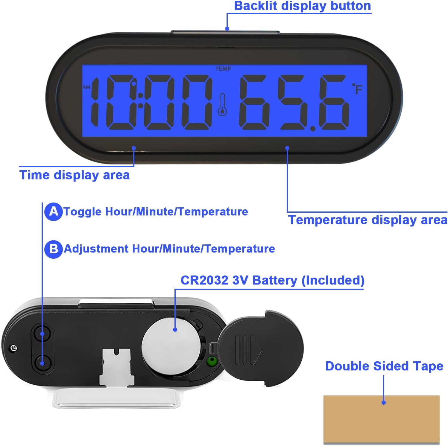 Reloj digital pequeño, reloj de coche con Fahrenheit y temperatura azul retroiluminación pequeño reloj electrónico para tablero de instrumentos,