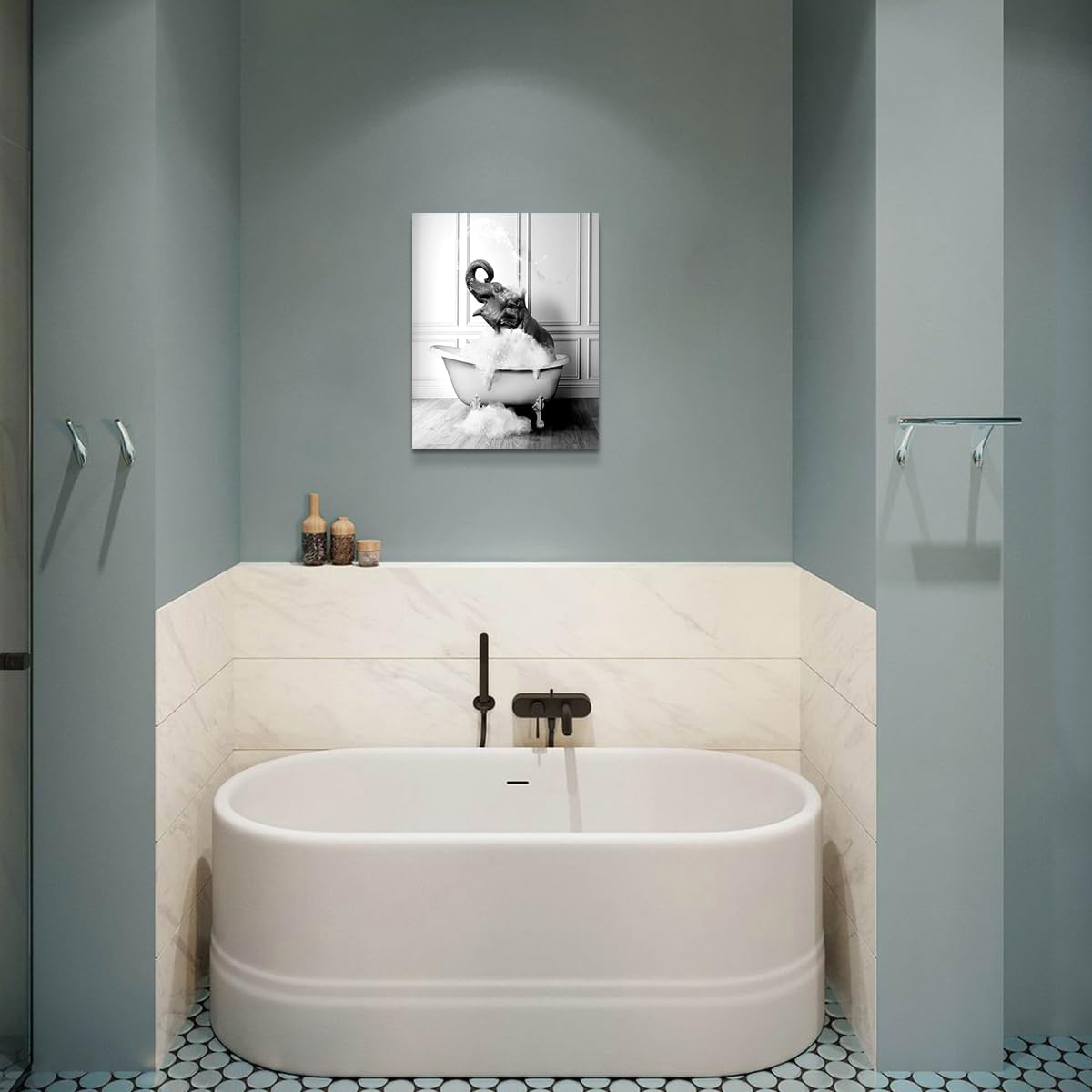 Decoración de baño de elefante, divertidas imágenes artísticas de pared de elefante para baño, lienzo blanco y negro, imágenes de baño, arte de baño