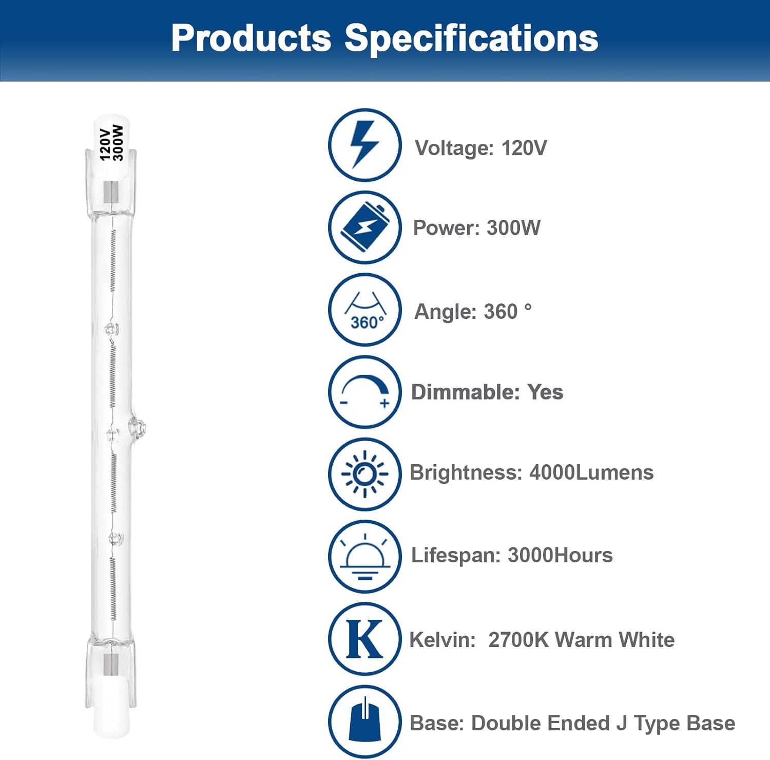 R7S – Bombillas halógenas de 300 W, regulables, 120 V, 4.646 in, tipo T3 J, con larga vida útil, bombillas lineales de doble extremo blanco cálido