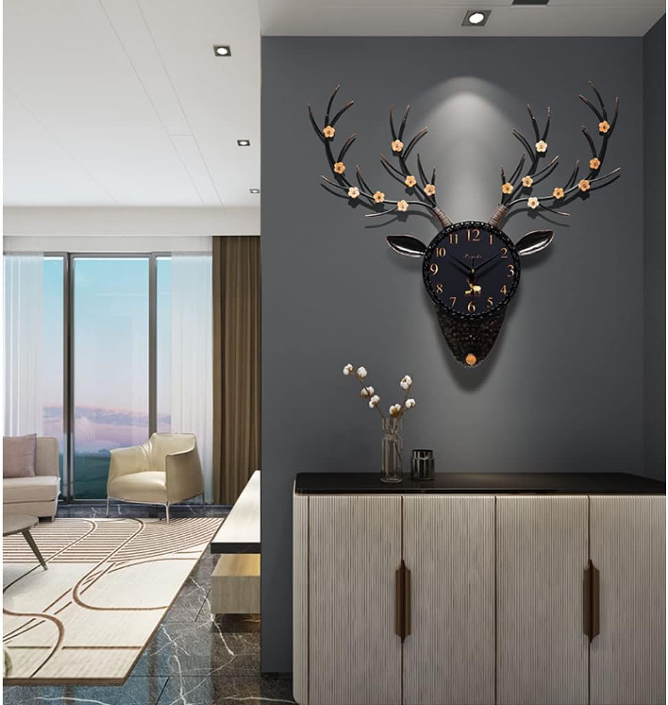 Reloj de pared Metal Deer Head Flower Wall Clock Decorative Silent Non Ticking 29.7”x27.9” Quality Quartz Clock Battery Operated for Bathroom