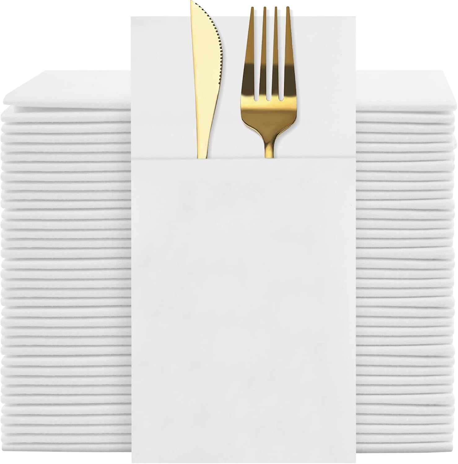 Servilletas desechables de color blanco, paquete de 100 servilletas de papel de tacto de lino con bolsillo integrado para cubiertos, tela preplegada