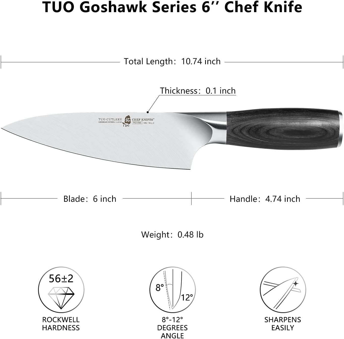 TUO Cuchillo de chef de 6 pulgadas, cuchillo de cocina Gyuto, acero inoxidable alemán de alto carbono, cómodo mango de madera de Pakkawood, espiga