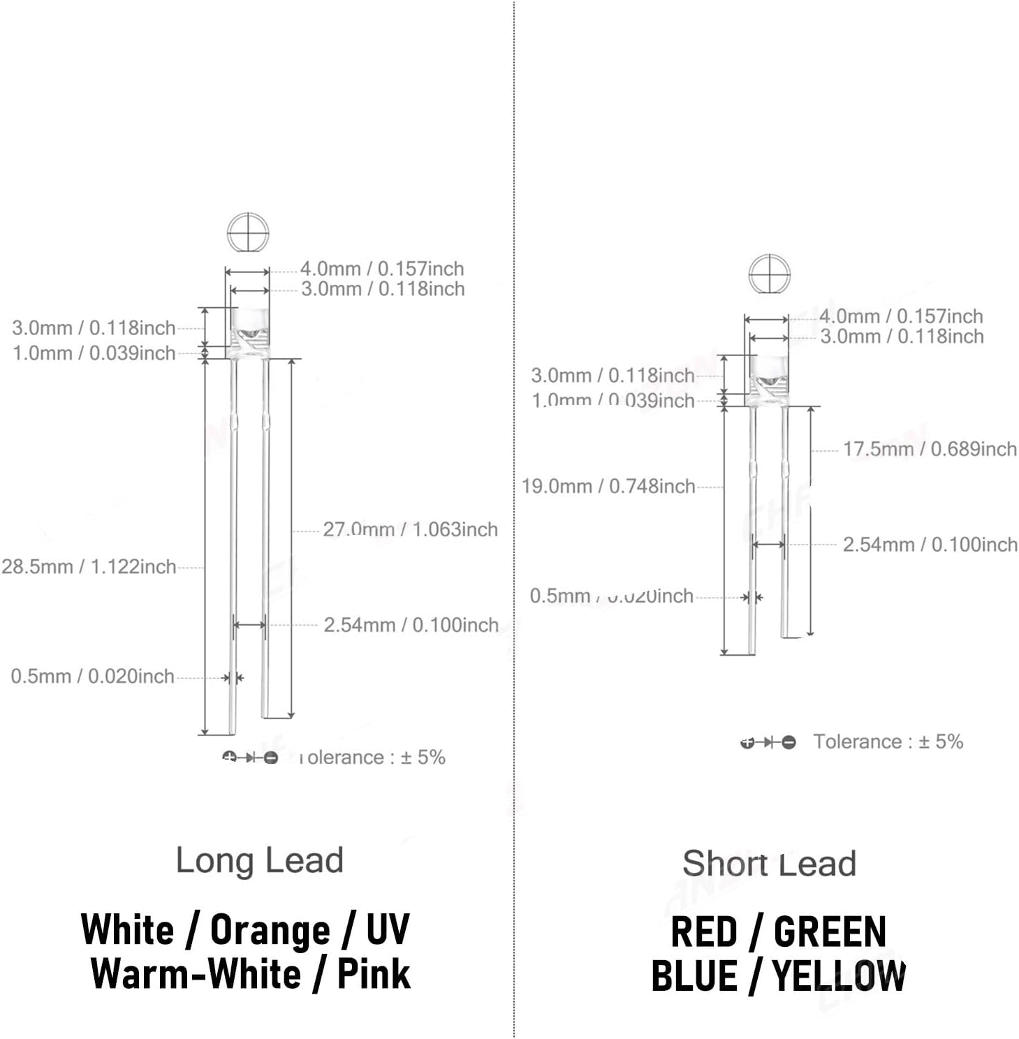 5 unidades de 0.118 in LED de diodo plano superior cálido blanco rojo verde azul UV púrpura amarillo naranja rosa 2V 3V 20mA gran angular emisor