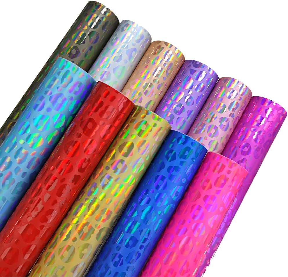 Hojas holográficas de piel sintética color rojo leopardo en relieve, rollo de tela sintética iridiscente de 12 x 53 pulgadas para manualidades,