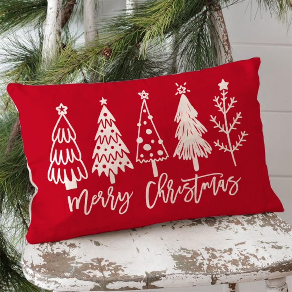 Fundas de almohada de árbol de Navidad de 12 x 20 pulgadas, almohadas lumbares rojas de Navidad, fundas decorativas modernas de casa de campo,