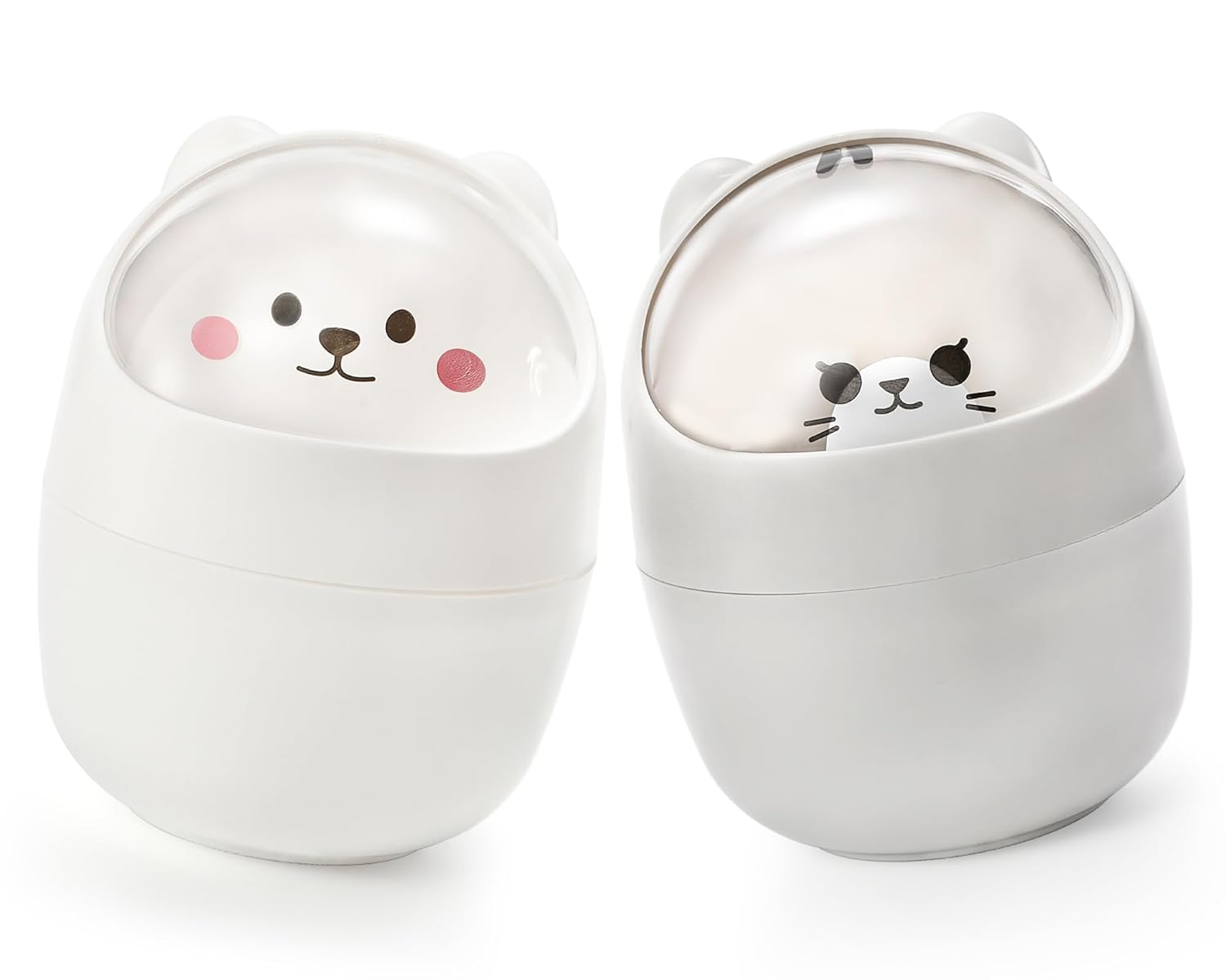 Yesland Paquete de 2 mini cubos de basura de escritorio con tapa oscilante, bonito cubo de basura de plástico con oso, cubo de almacenamiento de