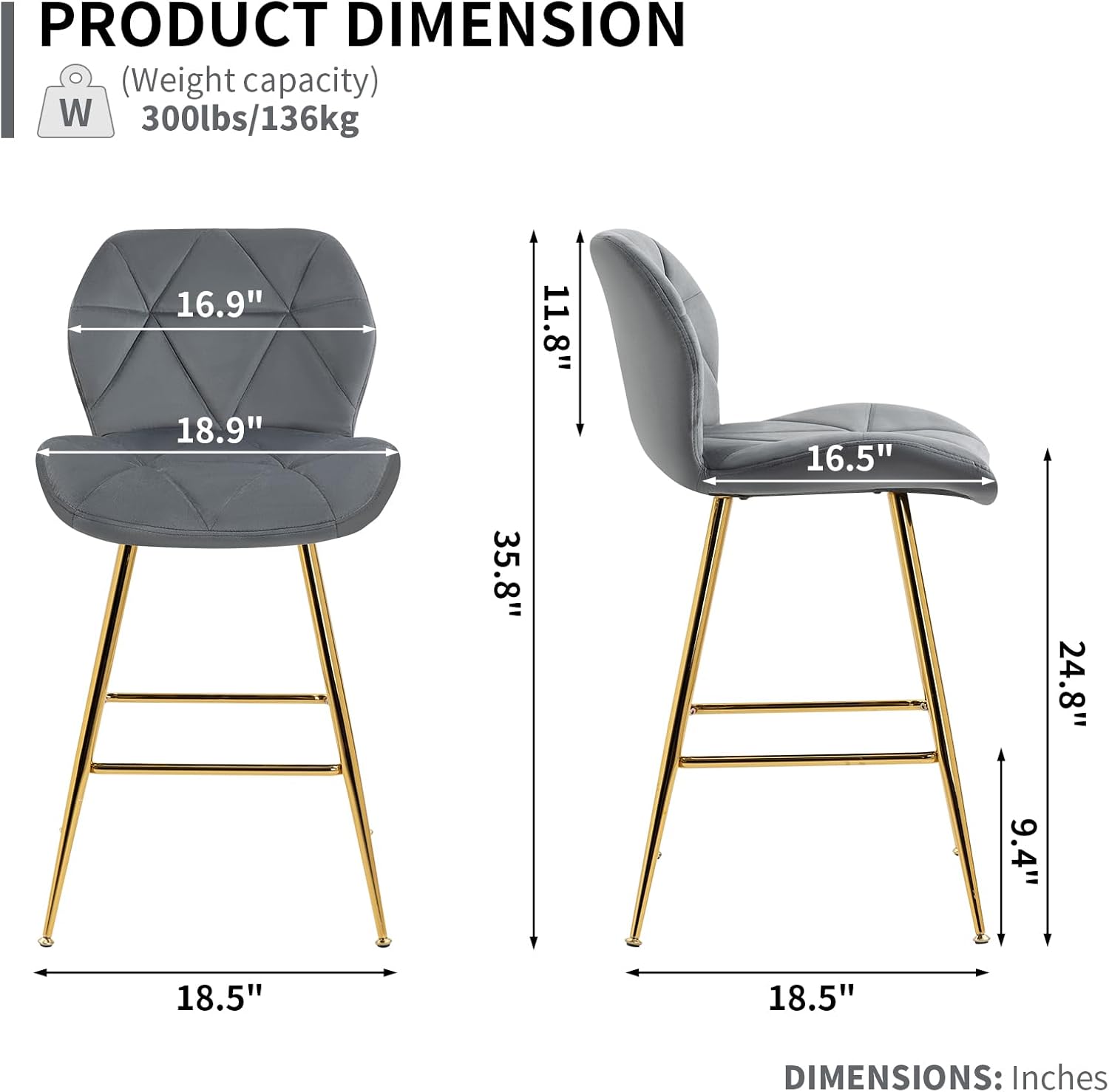 ZJhome Juego de 4 taburetes de bar modernos de terciopelo de 24 pulgadas, taburetes de bar de altura de encimera con reposapiés y patas doradas para