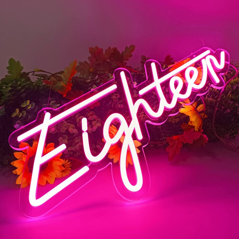 Luz de neón para fiesta de cumpleaños de 21 x 9 pulgadas, letrero de neón de color rosa número 18, luz LED flexible de silicona con fondo